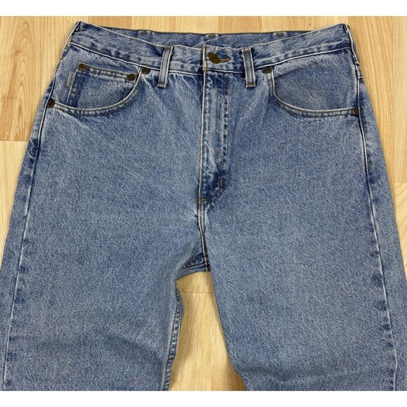 Vintage 90s Y2K Carhartt Blue Jeans / Leather Patch / Size 34 x 32 - Picture 7 of 9